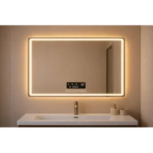 Espejo 90×70 LED Bronce con Reloj y Bluetooth Desempañante