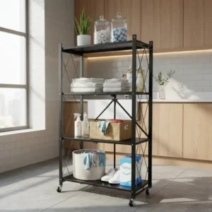 Estantería Plegable Metálica Negro 4 Niveles con Ruedas