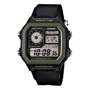 Reloj Digital Casio AE-1200 Correa Tela Negra Bisel Verde